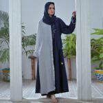 Pastel blue and navy Nidha open-front abaya with handwork on the front – formal modest wear