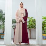 Pastel pink and maroon Nidha open-front abaya with handwork on the front – formal modest wear