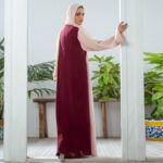 Pastel pink and maroon Nidha open-front abaya with handwork on the front – formal modest wear