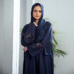 Midnight Bloom Abaya – Navy blue open-front Nidha abaya with cutwork embroidery on sleeves and hemline