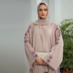Rose Dust Laser Nidha open-front embroidered abaya – semi-formal modest wear