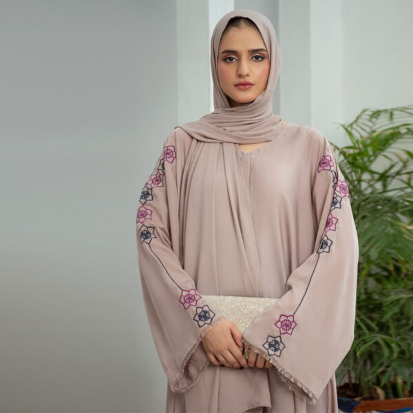 Rose Dust Laser Nidha open-front embroidered abaya – semi-formal modest wear