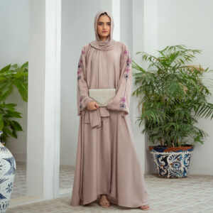 Rose Dust Laser Nidha open-front embroidered abaya – semi-formal modest wear