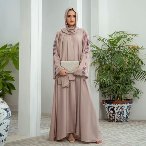Rose Dust Laser Nidha open-front embroidered abaya – semi-formal modest wear