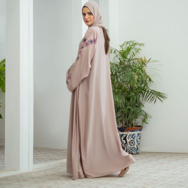 Rose Dust Laser Nidha open-front embroidered abaya – semi-formal modest wear