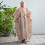 Pastel pink Sahar Blush Abaya in lightweight Nidha with embroidered cutwork cape design.