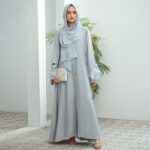 Pastel blue Laser Nidha open-front embroidered abaya – semi-formal modest fashion