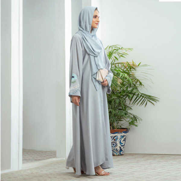 Pastel blue Laser Nidha open-front embroidered abaya – semi-formal modest fashion