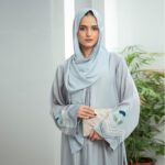Pastel blue Laser Nidha open-front embroidered abaya – semi-formal modest fashion